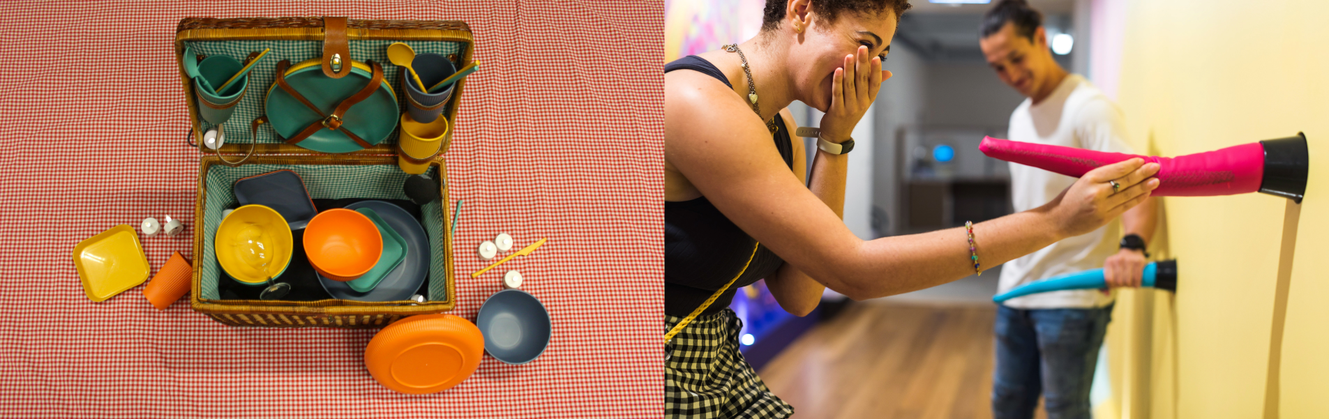 on the left is a picnic basket on a checkered blanket with a variety of accessories, on the right is two people in a hallway touching tentacles that extend from a wall